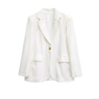 Women's White Hollow Eyelet Embroidery Blazer Jacket 100% Polyester Long Sleeve Single Breasted Notch Lapel Autumn Elegant Streetwear Outwear