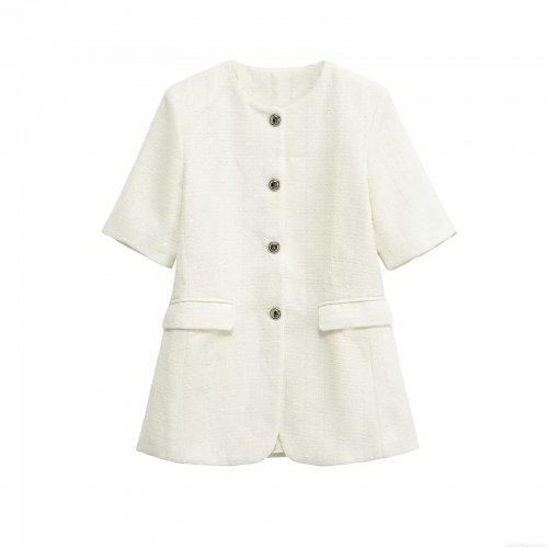 Women's Chic Tweed Short Sleeve Blazer Jacket Elegant Round Neck Single Breasted Outerwear With Silver Buttons Solid Color Casual Office Blazer For Women