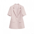 Women's Casual Short Sleeve Blazer Jacket Slim Fit Single Breasted Notch Lapel Solid Color Polyester Outerwear Ladies Fashion Top