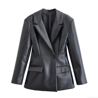 Women's Elegant PU Leather Blazer Jacket Slim Fit Lapel Long Sleeve Faux Leather Suit Coat With Pockets For Autumn Winter Streetwear Office Lady Black