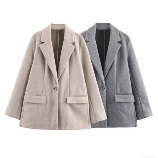 Women Autumn Winter European Style Lapel Long Sleeve Woolen Texture Blazer Jacket With Pockets Single Breasted Loose Mid-Length Solid Color Polyester Streetwear Outerwear