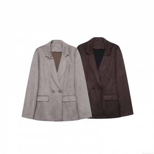 Women's Casual Faux Suede Blazer Jacket Lapel Double Breasted Long Sleeve Solid Color Outerwear For Office Daily Streetwear Ladies Fashion Soft Suede Coat