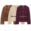 Women's Round Neck Faux Suede Blazer Jacket Single Breasted Solid Color Coat With Belt Elegant Autumn Winter Casual Streetwear Outerwear For Ladies