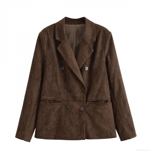 Women's Suede Textured Blazer Jacket Double Breasted Lapel Long Sleeve Solid Coffee Brown Suit Outerwear For Autumn Winter Casual Streetwear Office Lady
