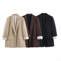Women's Fashion Polyester Blazer Jacket Street Style One Button Long Sleeve Loose Outwear With Printed Cuffs For Casual Office Wear Khaki Brown Black
