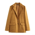 Women's Faux Suede Blazer Jacket Elegant Lapel Long Sleeve Solid Color Button Down Coat With Pockets For Autumn Office Work Casual Streetwear Chic Outerwear