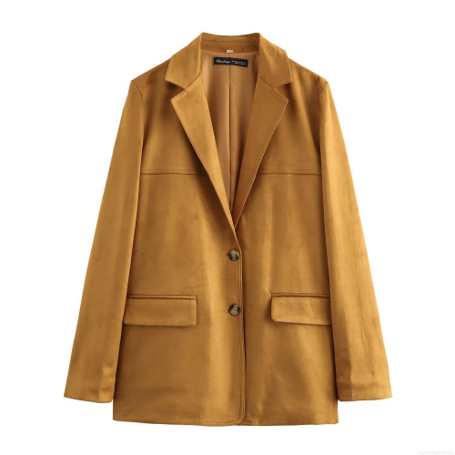 Women's Faux Suede Blazer Jacket Elegant Lapel Long Sleeve Solid Color Button Down Coat With Pockets For Autumn Office Work Casual Streetwear Chic Outerwear