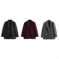 Women's Elegant Woolen Blazer Jacket Single Breasted Solid Color Suit Collar Coat With Shoulder Pads Autumn Winter Office Lady Commuting Outwear