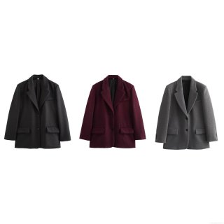 Women's Elegant Woolen Blazer Jacket Single Breasted Solid Color Suit Collar Coat With Shoulder Pads Autumn Winter Office Lady Commuting Outwear