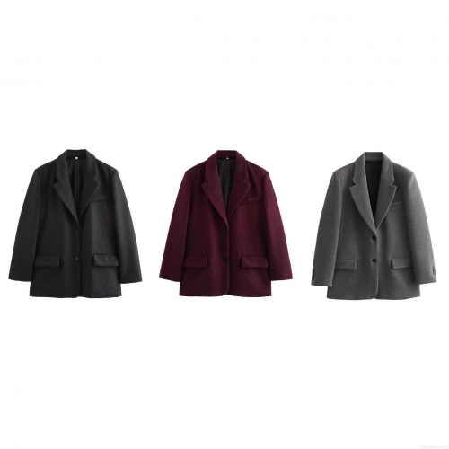 Women's Elegant Woolen Blazer Jacket Single Breasted Solid Color Suit Collar Coat With Shoulder Pads Autumn Winter Office Lady Commuting Outwear
