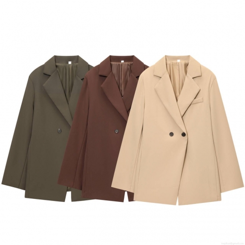 Women's Double Breasted Blazer Jacket Solid Color Oversized Suit Jacket Long Sleeve Notched Lapel Casual Outerwear for Women Khaki Green Coffee