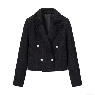 Women's Elegant Black Tweed Blazer Double Breasted Silver Metal Button Short Jacket Suit Outerwear Fall Winter Streetwear Lady Office Career