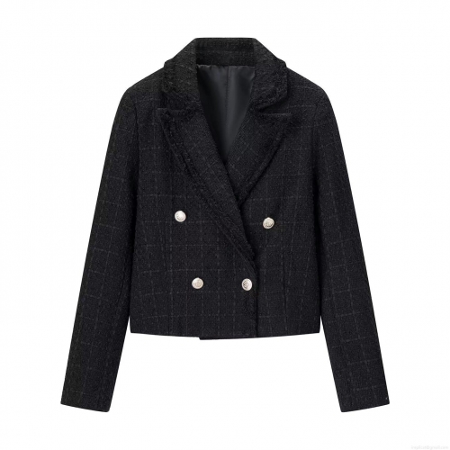 Women's Elegant Black Tweed Blazer Double Breasted Silver Metal Button Short Jacket Suit Outerwear Fall Winter Streetwear Lady Office Career