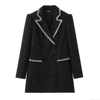 Women's Tweed Blazer Jacket With Sequins Silver Braided Trim Long Sleeve Double Breasted Elegant Office Party Outerwear Coat Black For Women