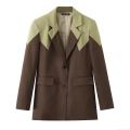 Women Color Block Blazer Notched Lapel Polyester Mid-Length Suit Jacket Long Sleeve Single Breasted Outwear Streetwear Party Jacket