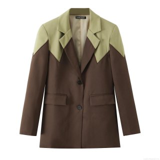 Women Color Block Blazer Notched Lapel Polyester Mid-Length Suit Jacket Long Sleeve Single Breasted Outwear Streetwear Party Jacket