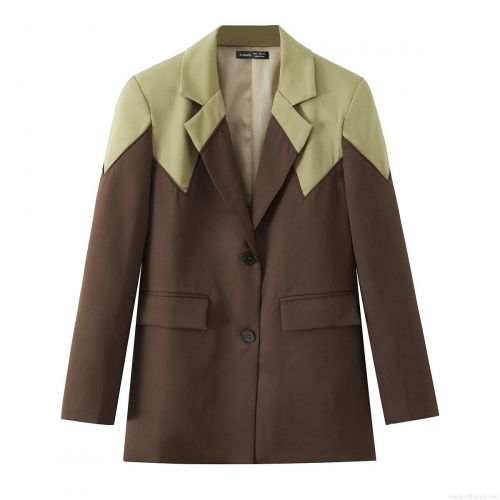 Women Color Block Blazer Notched Lapel Polyester Mid-Length Suit Jacket Long Sleeve Single Breasted Outwear Streetwear Party Jacket