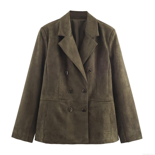 Women Double Breasted Faux Suede Suit Jacket Notched Lapel Long Sleeve Casual Blazer Outerwear For Autumn Winter Street Style Solid Color Fashion Coat