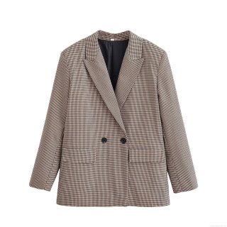 Women's Houndstooth Blazer Jacket Double Breasted Long Sleeve 100% Polyester Notch Lapel Suit Coat Retro Office Work Daily Wear