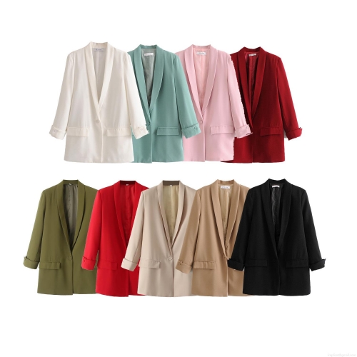 Women's Casual Blazer Jacket Solid Color Notched Lapel Single Button Long Sleeve Office Lady Work Outerwear Suit Coat with Pockets Autumn Fashion