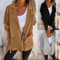 Women's Casual Blazer Jacket Knitted De-velvet Lapel Collar Single Button Outerwear With Pockets Solid Color Long Sleeve Loose Fit Autumn Winter Ladies Tops
