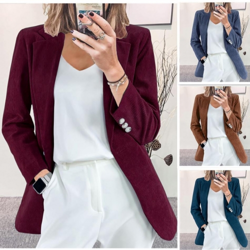 Women's Corduroy Blazer One Button Slim Fit Solid Color Long Sleeve Office Suit Jacket Elegant Commute Outerwear Cardigan Coat For Autumn Winter