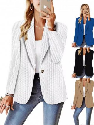 Women's Polyester Blend Twist Knit Blazer Casual Solid Color Single Button Suit Jacket Fashion Lapel Long Sleeve Outerwear For Office Business Ladies