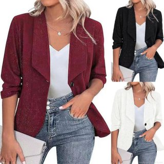 Women's Elegant Slim Fit Blazer Jacket Shimmering Metallic Fabric Long Sleeve Lapel Collar Single Button Chic Casual Party Office Commute Coat