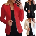 Women's Fashion Slim Fit Zipper Blazer Geometric Notch Stand Collar Long Sleeve Stretch Jacket For Office Casual Solid Color Fall Outerwear