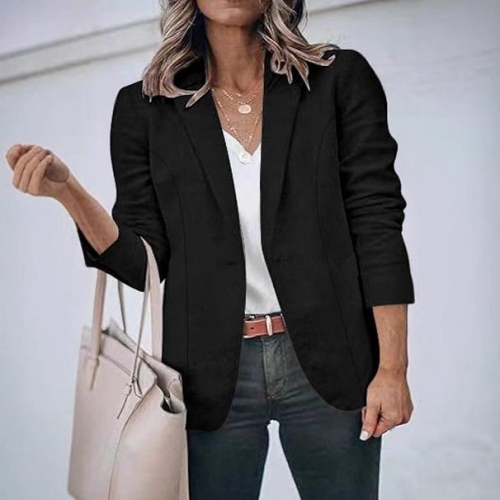 Women's Plus Size Casual Blazer Jacket Solid Color Lapel Long Sleeve Suit Outwear One Button Work Office Professional Polyester Coat
