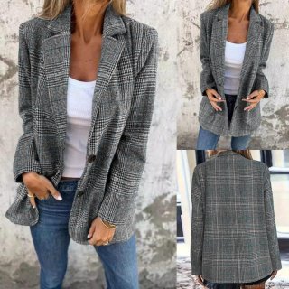 Women's Plus Size Plaid Blazer Jacket Casual Long Sleeve Notch Lapel Single Breasted Loose Suit Coat Vintage British Style Work Office Outerwear