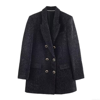 Women's Elegant Metallic Yarn Tweed Blazer Double Breasted Black Suit Jacket Casual Office Long Sleeve Outerwear With Gold Buttons
