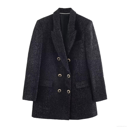 Women's Elegant Metallic Yarn Tweed Blazer Double Breasted Black Suit Jacket Casual Office Long Sleeve Outerwear With Gold Buttons