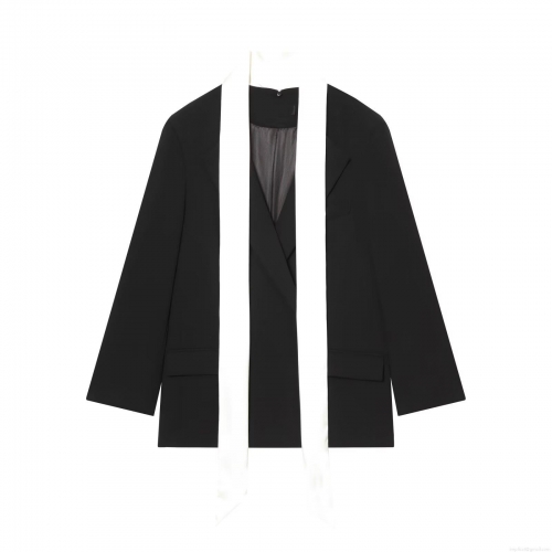 Women Fashion Long Sleeve Blazer With Contrast Scarf Peaked Lapel Single Breasted Slim Fit Casual Commuter Suit Jacket For Office Daily Wear Elegant Outerwear