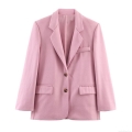 Elegant Pink Women's Oversized Notched Lapel Blazer Jacket Commuter Solid Color Single Breasted Long Sleeve Woolen Texture Outerwear Suit Coat