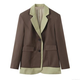 Women's Elegant Contrast Color Patchwork Blazer Jacket Loose Fit Polyester Spandex Long Sleeve Suit Coat For Office Daily Wear Coffee Green