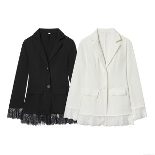 Women's Elegant Slim Fit Blazer Jacket With Lace Splicing Detail Solid Color Office Commuter Suit Coat Long Sleeve Outerwear For Women