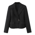 Women Elegant Black Blazer Jacket Back Cutout Irregular V-Neck Single Silver Metal Button Long Sleeve Slim Fit Professional Office Career Suit