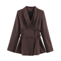 Women Elegant Slim Fit Blazer Jacket Polyester Satin Patchwork Side Lace Up Double Breasted Shawl Collar Office Professional Commute Chic Outerwear Dark Brown