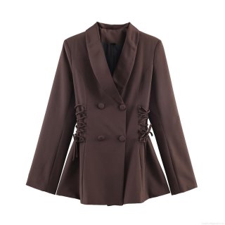 Women Elegant Slim Fit Blazer Jacket Polyester Satin Patchwork Side Lace Up Double Breasted Shawl Collar Office Professional Commute Chic Outerwear Dark Brown