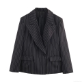 Women's Pinstripe Blazer Elegant Notch Lapel Single Button Suit Jacket Long Sleeve Loose Fit Work Office Commuter Fashion Outerwear Polyester Spandex Blend With Pockets