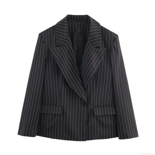Women's Pinstripe Blazer Elegant Notch Lapel Single Button Suit Jacket Long Sleeve Loose Fit Work Office Commuter Fashion Outerwear Polyester Spandex Blend With Pockets
