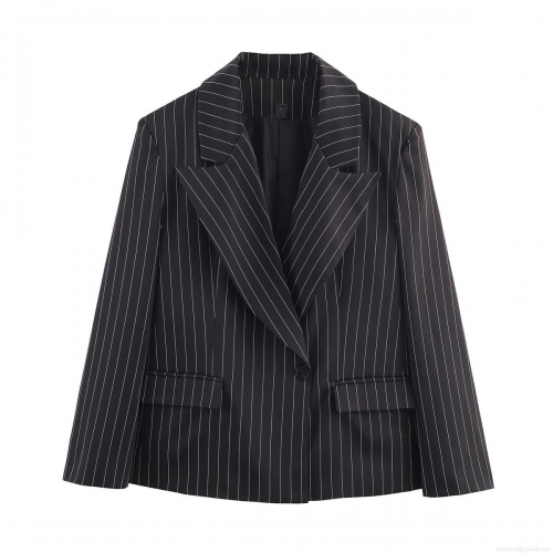 Women's Pinstripe Blazer Elegant Notch Lapel Single Button Suit Jacket Long Sleeve Loose Fit Work Office Commuter Fashion Outerwear Polyester Spandex Blend With Pockets