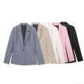 Women's Slim Fit Polyester Blazer Jacket Single Button Long Sleeve Elegant Solid Color Office Workwear Suit For Lady Casual Fashion Outerwear