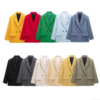 Women's Solid Color Double-Breasted Blazer Jacket Notched Lapel Long Sleeve Loose Fit Casual Office Suit Jacket With Pockets 100% Polyester