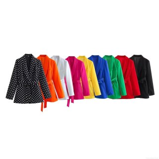 Women's Elegant Belted Blazer Jacket Fashion Long Sleeve Notched Lapel Suit Coat For Office Lady Commuter Casual Outwear Plain Polka Dot Colors