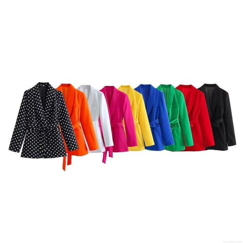 Women's Elegant Belted Blazer Jacket Fashion Long Sleeve Notched Lapel Suit Coat For Office Lady Commuter Casual Outwear Plain Polka Dot Colors