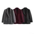 Women's Fashion Commuter Wool Blend Blazer Jacket With Shoulder Pads Straight Single Breasted Solid Color Lapel Outerwear Elegant Autumn Winter Office Coat For Women