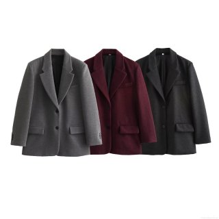 Women's Fashion Commuter Wool Blend Blazer Jacket With Shoulder Pads Straight Single Breasted Solid Color Lapel Outerwear Elegant Autumn Winter Office Coat For Women