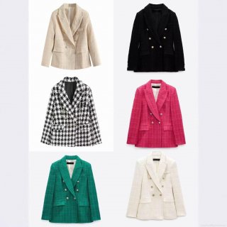 Women's Elegant Tweed Blazer Jacket Double Breasted Gold Buttons Casual Commute Chic Office Lady Outerwear High Quality Fall Winter Coat